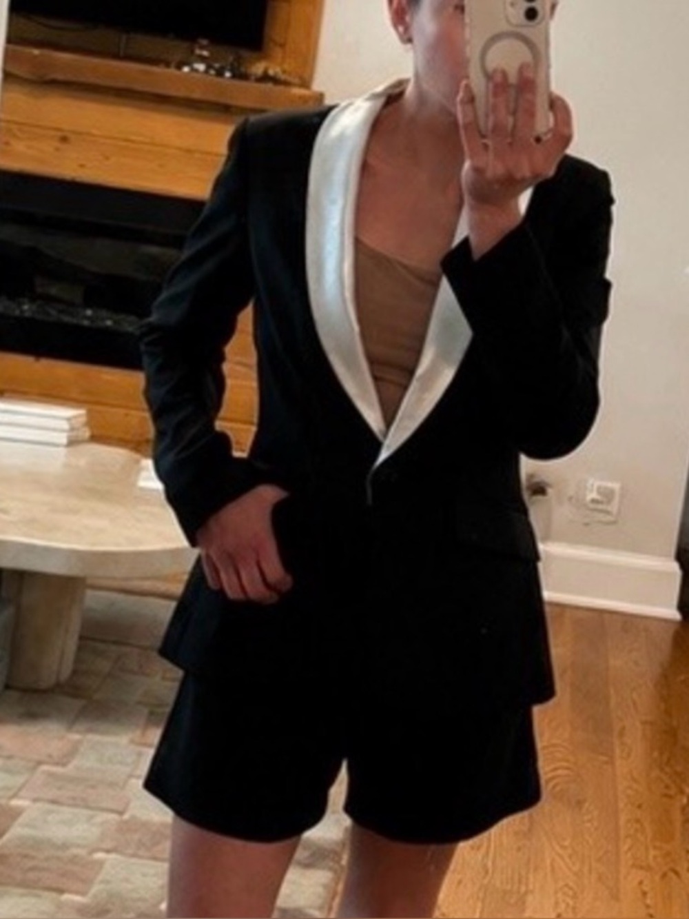 Elizabeth and James Black Tux Blazer with Silver Lamb Skin Collar